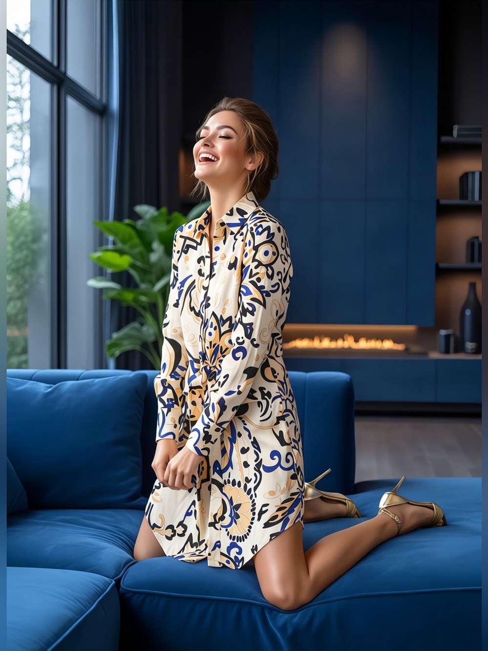 MELLODAY Cream Shirt Dress with Navy and Black Floral Print - Picture 5 of 8
